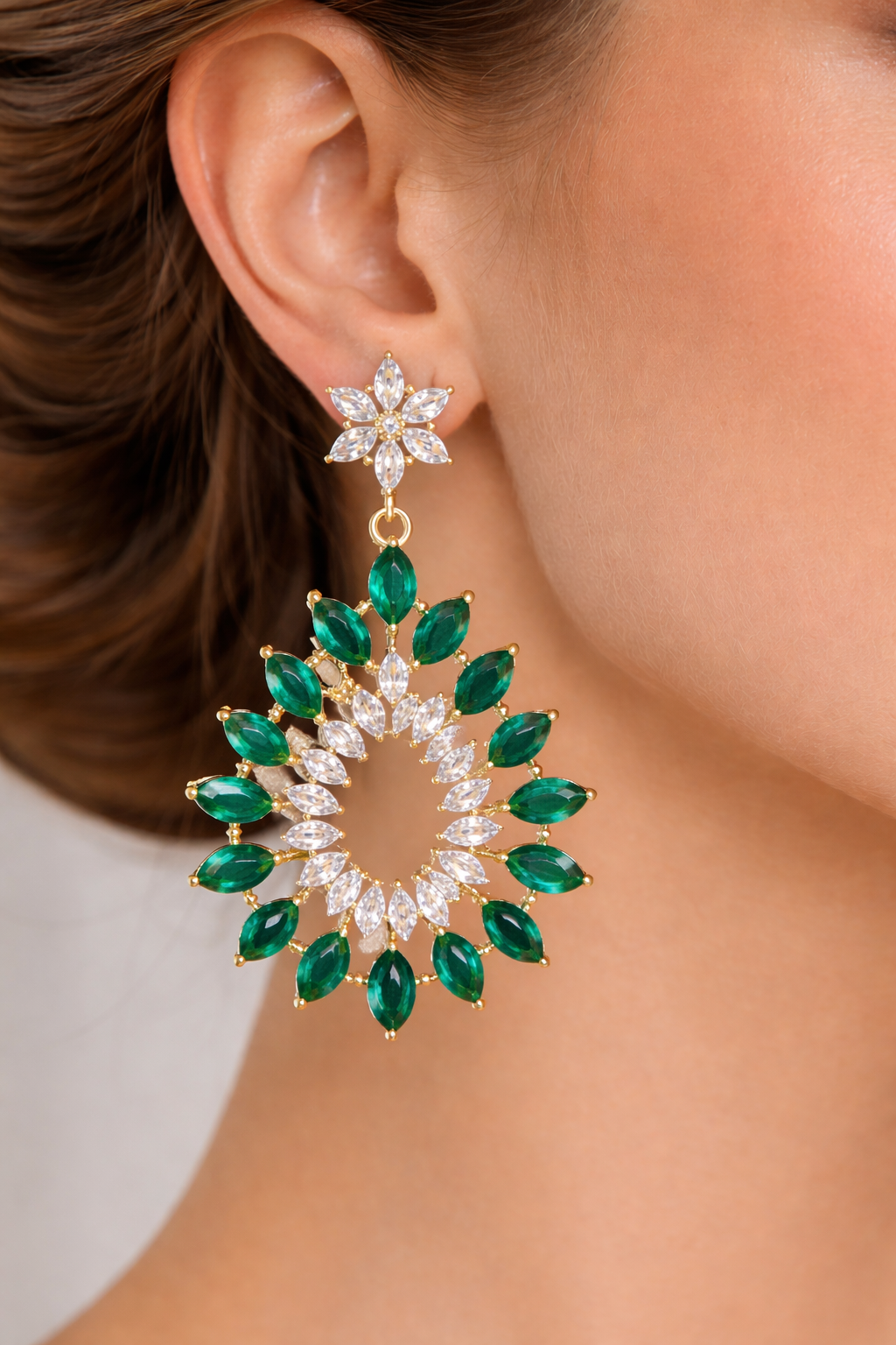 92.5 Silver Emerald Bloom Halo Drop Earrings