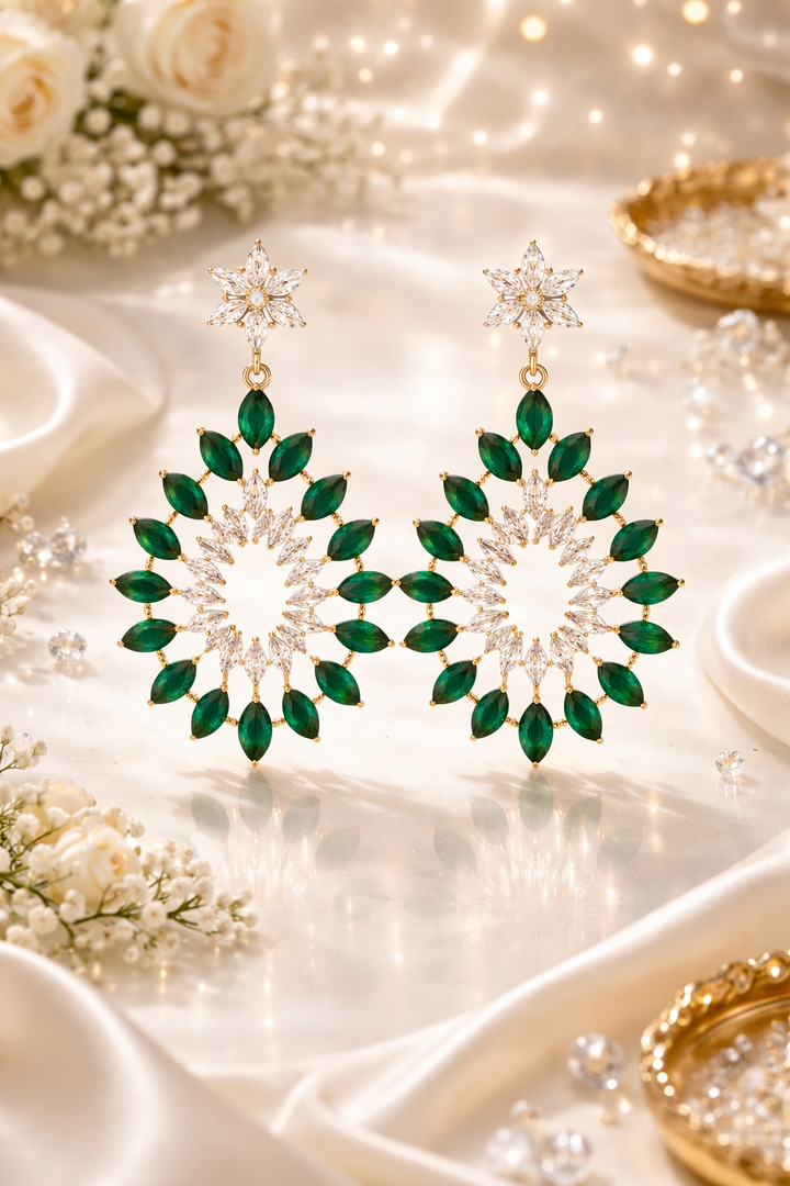 92.5 Silver Emerald Bloom Halo Drop Earrings